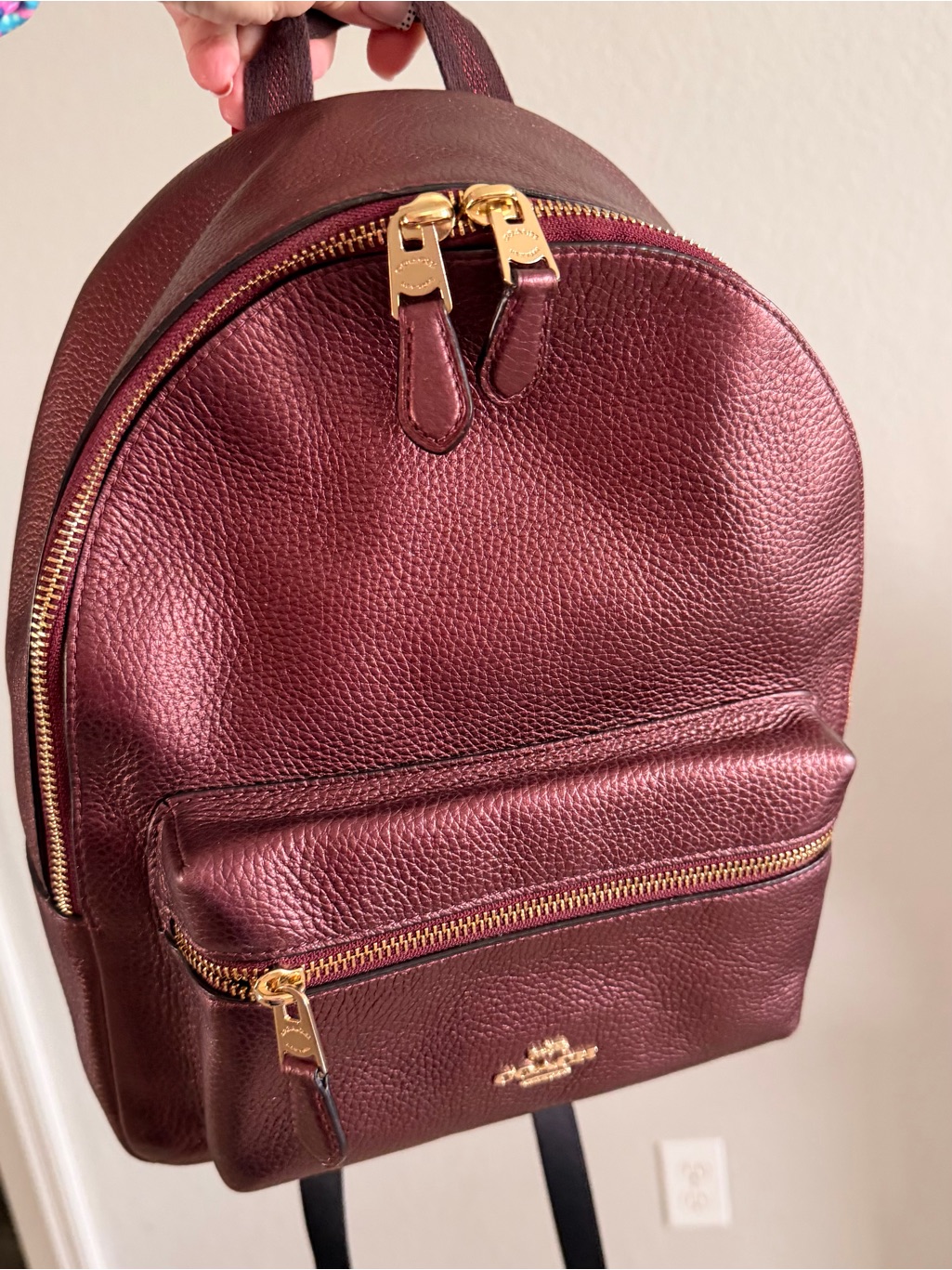 Coach Euc Charlie Metallic Wine Pebbled Leather Medium Backpack With Hang Tag